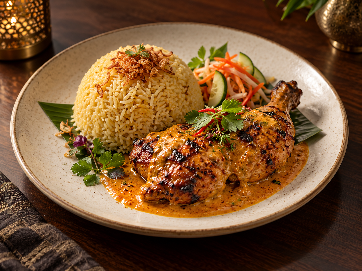 Visual konsep nasi minyak dan ayam percik disajikan dengan elegan
